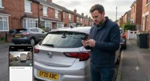 A driver checking dash cam security footage on their phone after returning to their parked vehicle.