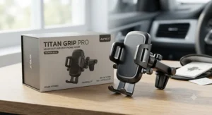 A premium heavy-duty air vent phone mount resting beside its packaging box ready for installation.