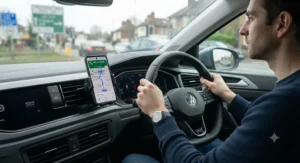 Driver using a hands-free air vent phone holder car mount for safe satellite navigation