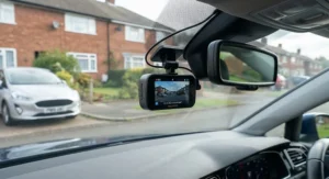Close-up view of a high-definition dash cam mounted on a windscreen, set to monitor a parked car.