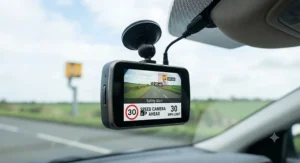 A sleek modern dash cam unit positioned to capture road footage and provide safety alerts for nearby speed cameras.