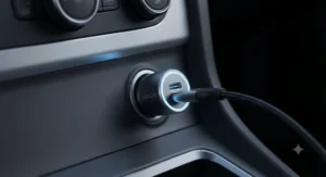 Close-up detail of a USB-C car charger port featuring a subtle LED indicator ring for night driving.