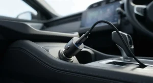 Compact mini USB C car charger fast charging plugged into a standard 12V vehicle socket