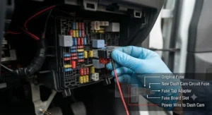 Detailed step-by-step diagram showing how to correctly insert a fuse tap into the vehicle fuse board for dash cam power.