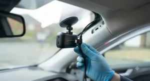 The final stage showing the power cable being plugged into the dash cam unit mounted on the windscreen.