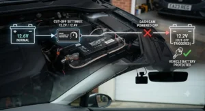 Diagram explaining how hardwire kits include low-voltage protection to prevent vehicle battery drain