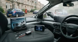A dash cam hardwire kit shown alongside a dash cam with parking mode for continuous power supply in a parked car.