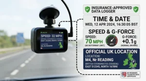 Diagram showing insurance-approved telemetry data from a dash cam with GPS including speed, time, and UK map location.