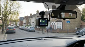Car parked in a British residential street with a dash cam with GPS active in intelligent parking mode.