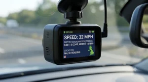 Close-up of a high-definition dash cam with GPS tracking showing current speed in mph and British coordinates on screen.