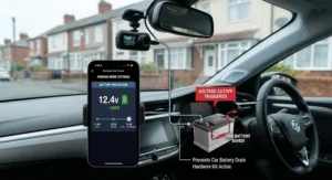 A graphic highlighting voltage cutoff settings on a dash cam with parking mode to prevent the car battery from going flat.