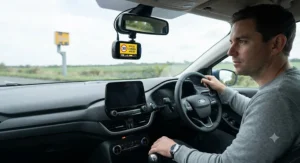 A driver looking at their dashboard where a dash cam with integrated speed camera alerts is clearly visible.