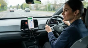 Driver safely navigating using an iPhone mounted on the dashboard, powered by a reliable USB-C car charger.