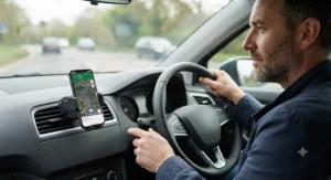 A driver using hands-free satellite navigation on a smartphone mounted securely to the vehicle's air vent.