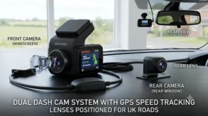 Front and rear dual dash cam with GPS speed tracking capability, showing both British road-facing lenses.