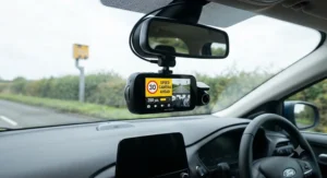 A dual-lens dash cam system installed in a vehicle, highlighting speed camera warning functionality on the interface.