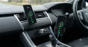 Dual port USB C car charger fast charging two mobile devices simultaneously in a vehicle