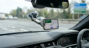 A suction-cup MagSafe car mount attached to a car windscreen