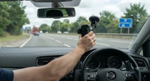 Driver installing an easy-to-use suction car windscreen phone holder for safe journeys.
