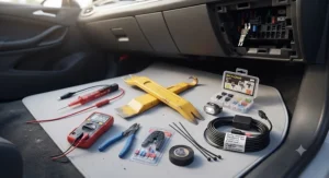 Essential tools required to install a hardwire kit for dash cam in a vehicle, including a trim removal tool and circuit tester.