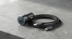 Compact fast-charging USB-C car charger for iPhone shown alongside a braided Lightning to USB-C cable.
