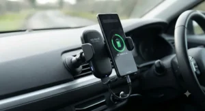 Fast wireless car charger phone mount actively charging a modern smartphone