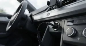 Low-profile, flush-fit mini USB-C car charger adapter sitting neatly flush inside a car's cigarette lighter port.