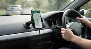 Hands-free driving view of a wireless charging phone mount car accessory