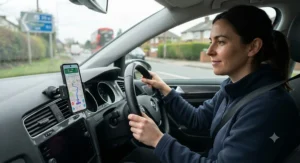 A driver using a magnetic car mount to safely follow GPS directions hands-free in a UK vehicle.