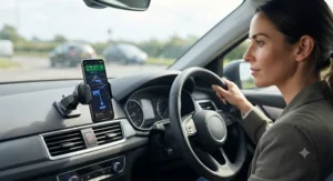 Driver using the strongest magnetic phone holder for car to navigate safely using hands-free GPS.
