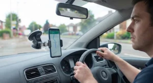 Driver using a legal hands-free windscreen phone mount for safe navigation.