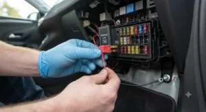A close-up view of using a fuse tap to connect a hardwire kit for dash cam to a car's internal fuse panel.