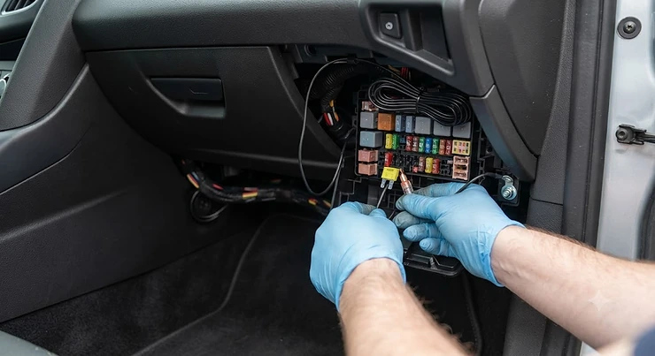 A step-by-step installation guide showing how to connect a hardwire kit for a dash cam to a vehicle's fuse box.