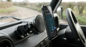 Close-up of an industrial-strength magnetic car phone holder, highlighting the powerful magnet capabilities.