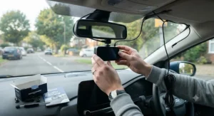 The installation process of a dash cam with GPS, ready to provide audible speed camera alerts during a journey.