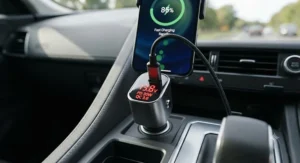 USB C car charger fast charging featuring an LED digital display for real-time voltage monitoring