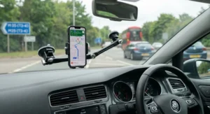 Flexible long-arm windshield phone cradle positioned on a car dashboard for easy viewing.
