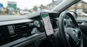 Magnetic air vent phone holder car attachment holding a smartphone in landscape orientation
