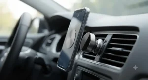 A sleek magnetic car air vent phone mount with a metal plate attached to the back of a mobile phone.