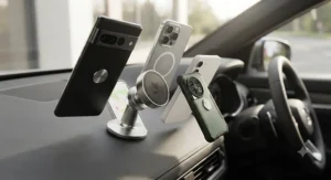 Various smartphones being held by the best magnetic car mount, showing universal device compatibility.