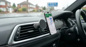 A sleek MagSafe car mount clipped onto a car air vent for hands-free navigation
