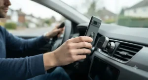 Demonstration of a smartphone quickly and easily docking onto a magnetic car mount with one hand.