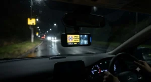 Night time road view captured by a dash cam with visible speed camera alert overlays on the digital display.