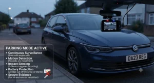 Illustration demonstrating dash cam parking mode features enabled by a hardwire kit when the engine is off