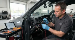 Technician installing a permanent dash cam hardwire kit to avoid using the vehicle cigarette lighter socket