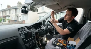 An auto-electrician professionally installing a dash cam with parking mode and hardwire kit in a car interior.