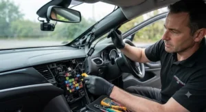 An engineer demonstrating a professional hardwire kit for dash cam fitting in a modern UK vehicle.