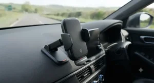 Angled view of a Qi-certified fast wireless charging car mount featuring auto-clamping arms for effortless one-handed use.