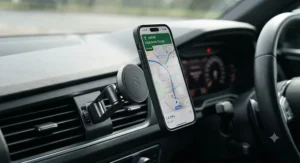 Close-up of a high-strength MagSafe car mount holding an iPhone firmly in place