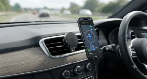 Minimalist and strongest magnetic phone holder blending seamlessly into a modern car interior.